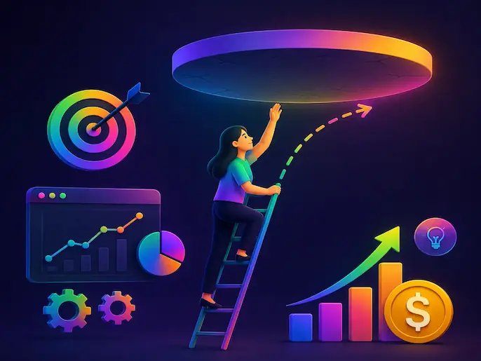 Business growth illustration showing analytics dashboard, target, revenue chart, and strategy icons breaking through hidden business bottlenecks.