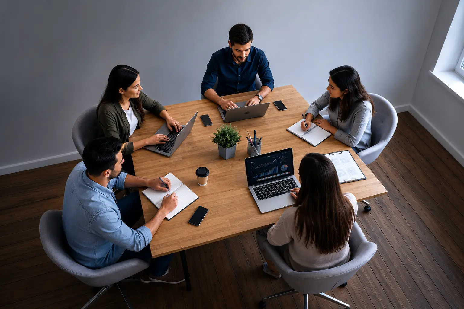 Top-view of a diverse digital marketing team of five professionals collaborating around a modern office table with laptops, notebooks, and analytics dashboards in a premium workspace, representing strategy, SEO, PPC, content marketing, and business growth.