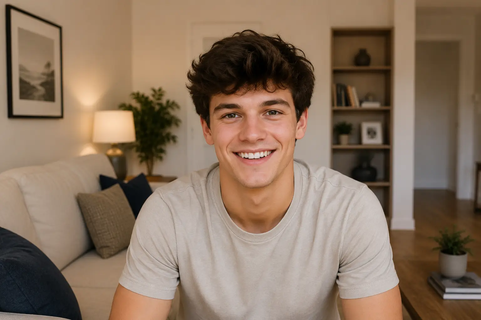 Portrait of Michael Anderson smiling in a modern home interior after sharing his positive experience with Webomaze's SEO, AEO, GEO, and AIO services.