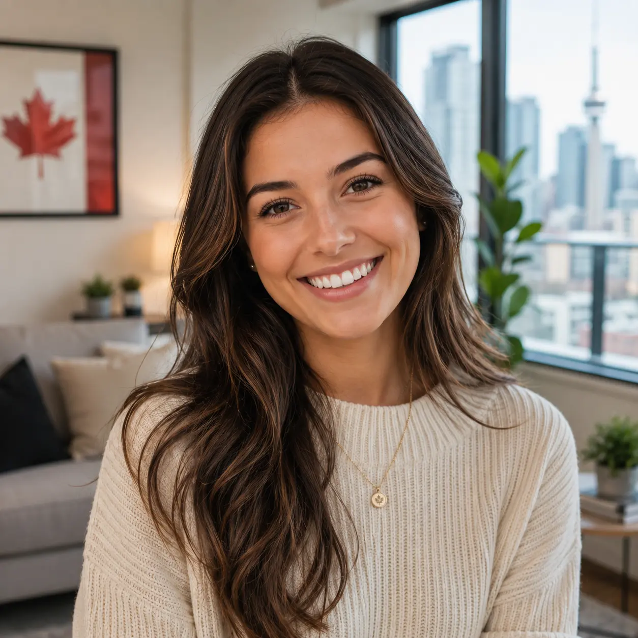 Portrait of Olivia Thompson smiling confidently in a modern indoor home setting after sharing her positive experience with Webpromaze's online reputation management services.