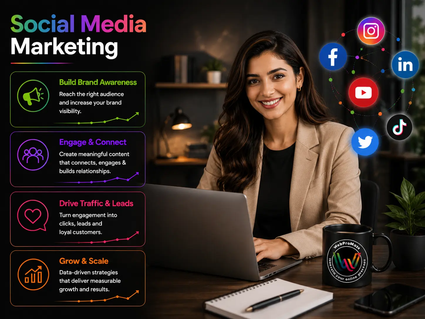 Professional social media marketing specialist working on a laptop with social media icons, digital marketing strategy, and brand growth infographic in a modern office.