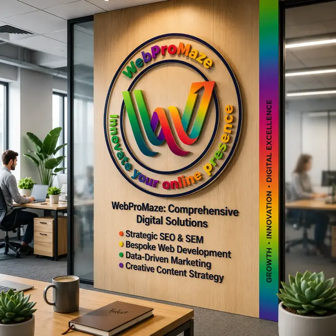 A 3D office wall branding display for WebProMaze featuring a circular, rainbow-colored company logo, the slogan "Innovate your online presence," and a list of digital services including SEO, web development, and marketing, shown in a modern office environment in the file