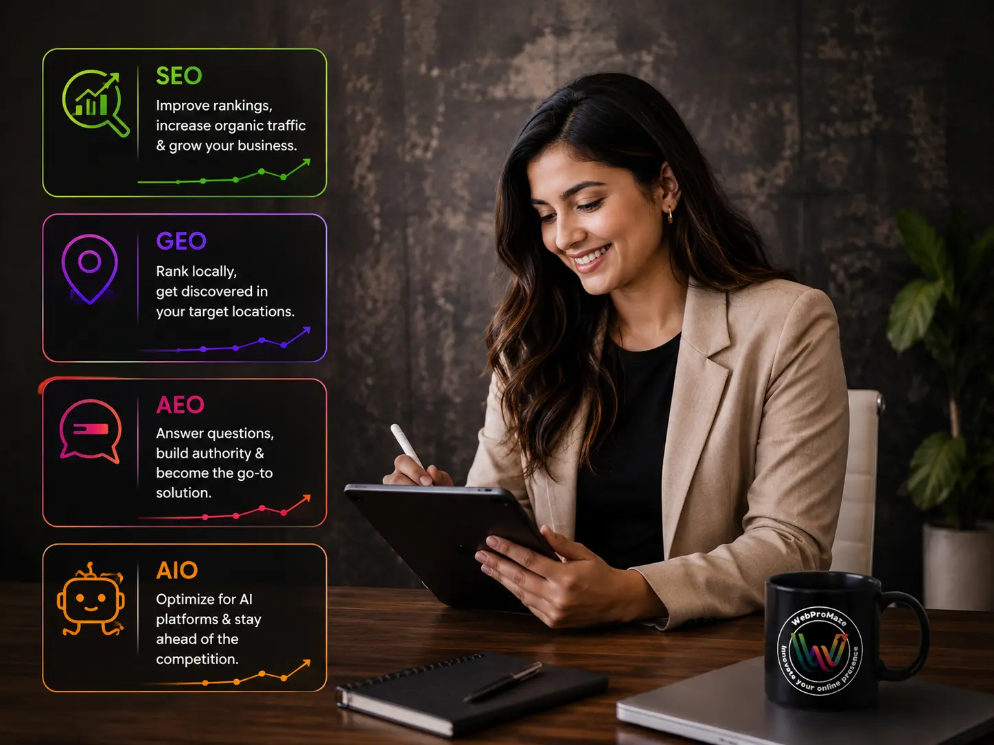 A professional woman smiling while using a tablet at her desk, with an infographic overlay showcasing WebProMaze's core optimization services: SEO, GEO, AEO, and AIO.