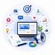 Content marketing and digital strategy illustration featuring omnichannel campaign planning, content creation, audience engagement, analytics, and brand growth.