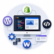Dedicated web development illustration showing a modern website development workspace with coding, UI design, and platform integration for Custom, Shopify, WordPress, and Wix websites.