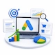 Google Ads management illustration featuring PPC campaign optimization, search advertising, shopping ads, analytics dashboard, and conversion tracking elements.