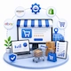 E-commerce management illustration featuring online store operations, marketplace integration, inventory management, order fulfillment, analytics, and outsourcing services.