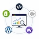 Platform-specific SEO illustration showing website optimization across Custom, Shopify, WordPress, Wix, and Squarespace platforms with a central analytics dashboard.