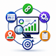 SEO optimization icon featuring a digital analytics dashboard with search, technical optimization, link building, local SEO, and performance tracking elements.