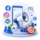 Social media marketing and paid advertising illustration featuring connected social platforms, audience engagement, analytics, and digital advertising campaign management.
