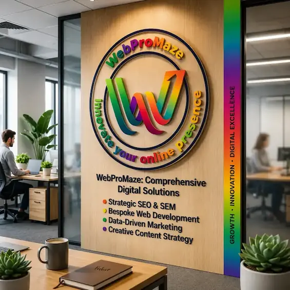 Modern office wall branding featuring the "WebProMaze Digital Marketing Office Branding & 3D Logo.webp" design, showcasing our comprehensive digital solutions and commitment to creative excellence.