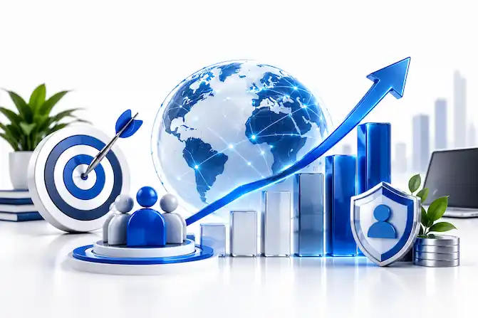 Results-Driven Business Growth and Client Success Client revenue growth and business performance represented by rising green analytics bars and secure growth symbol