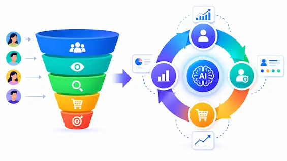 WebProMaze AI Sales Funnel to Predictive Marketing Flywheel WebProMaze AI-powered sales funnel transforming into a predictive automated marketing flywheel