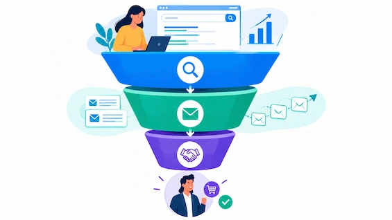 WebProMaze Customer Journey Funnel From SEO to Closed Sale WebProMaze customer journey funnel from SEO discovery to email nurturing and closed sale